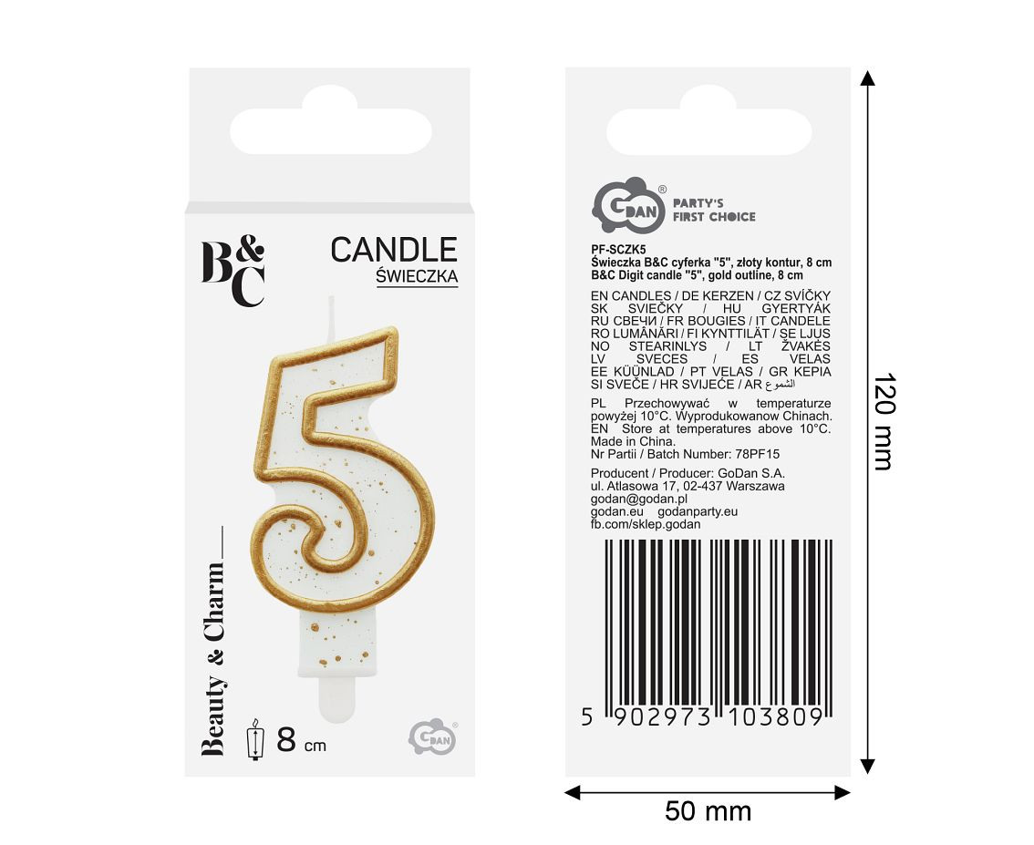 Digit candle "5", gold outline, 8 cm